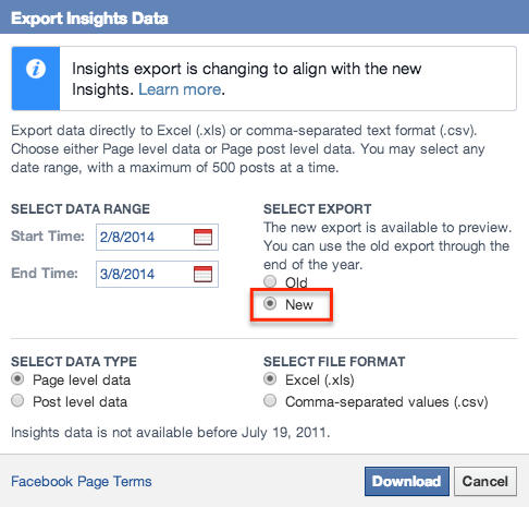 Page Insights의 "Export data (내보내기)"